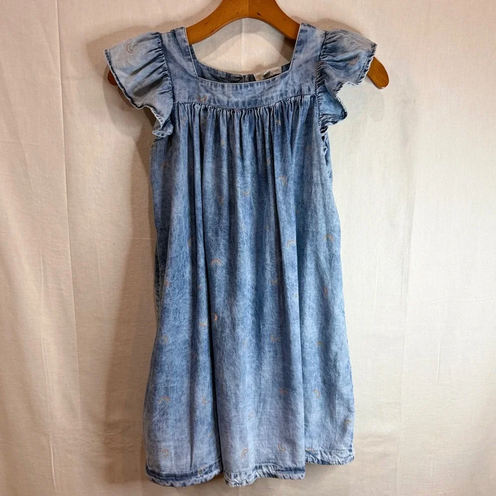 Tucker +Tate Girls Blue Acid Wash Denim Rainbow Embroidered Flutter Sleeve Dress - Picture 2 of 6